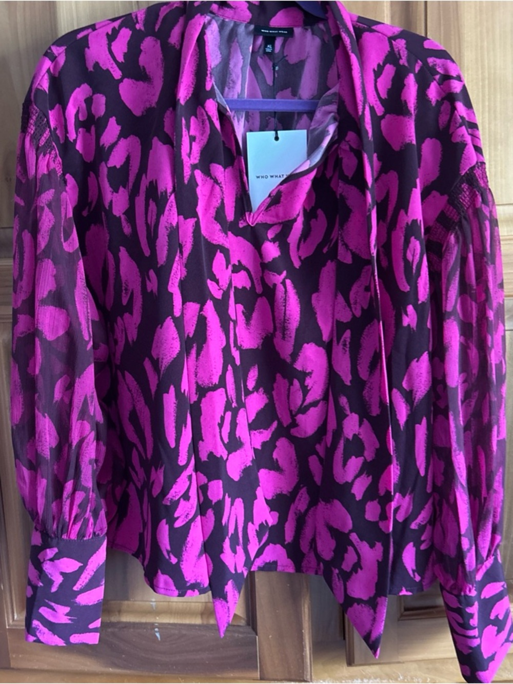 Who What Wear Black and Fuchsia Animal Print Tie-Neck Blouse